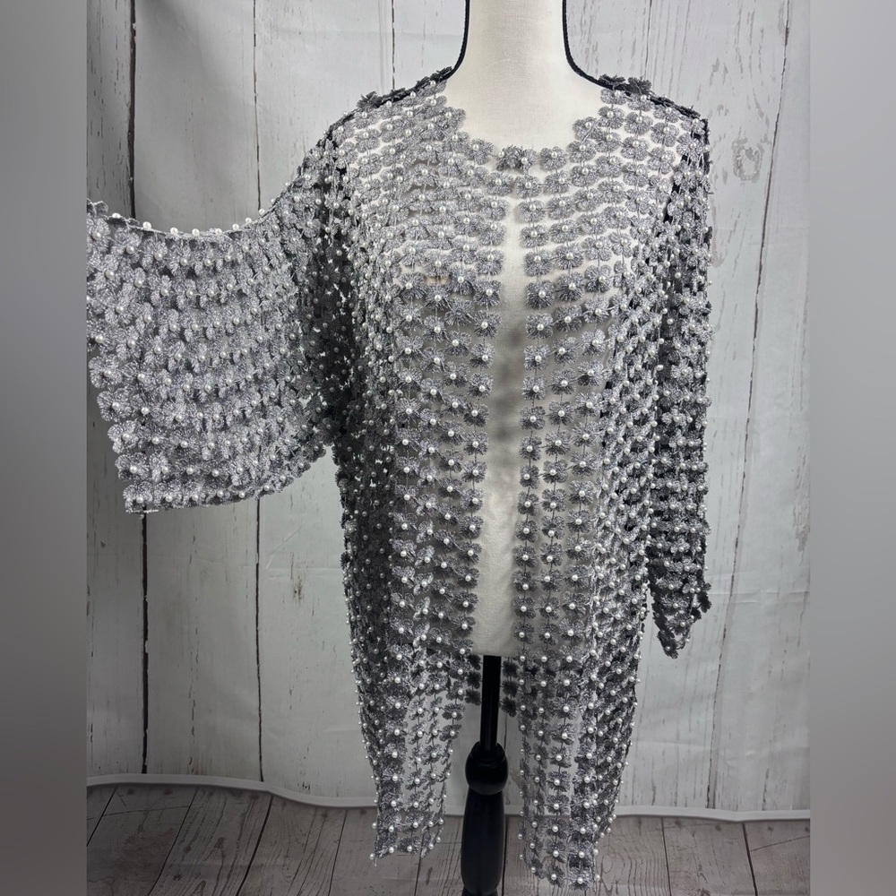 NWT Ellyndale Long Lace Silver Cardigan Coverup with All Over Pearls Attached